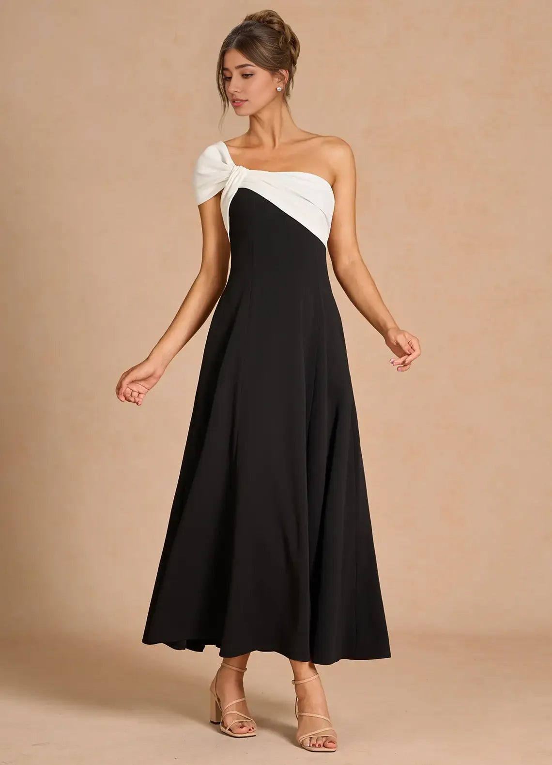 Dress One Shoulder Elegant Tea-Length Prom Dress Sleeveless Backless Black&White A-Line Evening Dress