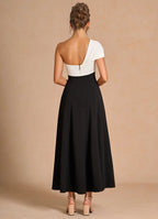 Dress One Shoulder Elegant Tea-Length Prom Dress Sleeveless Backless Black&White A-Line Evening Dress