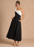 Dress One Shoulder Elegant Tea-Length Prom Dress Sleeveless Backless Black&White A-Line Evening Dress