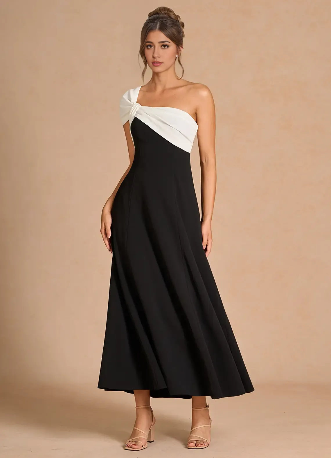 Dress One Shoulder Elegant Tea-Length Prom Dress Sleeveless Backless Black&White A-Line Evening Dress