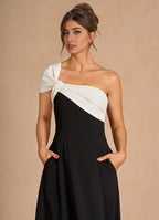 Dress One Shoulder Elegant Tea-Length Prom Dress Sleeveless Backless Black&White A-Line Evening Dress