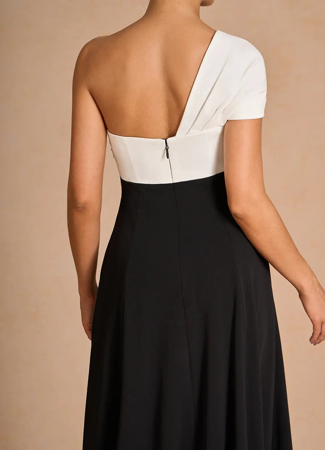 Dress One Shoulder Elegant Tea-Length Prom Dress Sleeveless Backless Black&White A-Line Evening Dress