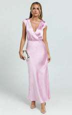 Pink Dress Fashion Full Coverage Maxi Dress Cap Sleeve Dress V Neck Mermaid Evening Dress