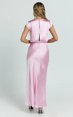 Pink Dress Fashion Full Coverage Maxi Dress Cap Sleeve Dress V Neck Mermaid Evening Dress