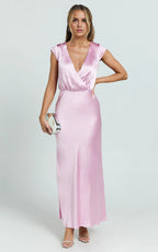 Pink Dress Fashion Full Coverage Maxi Dress Cap Sleeve Dress V Neck Mermaid Evening Dress
