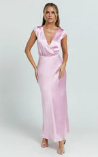 Pink Dress Fashion Full Coverage Maxi Dress Cap Sleeve Dress V Neck Mermaid Evening Dress