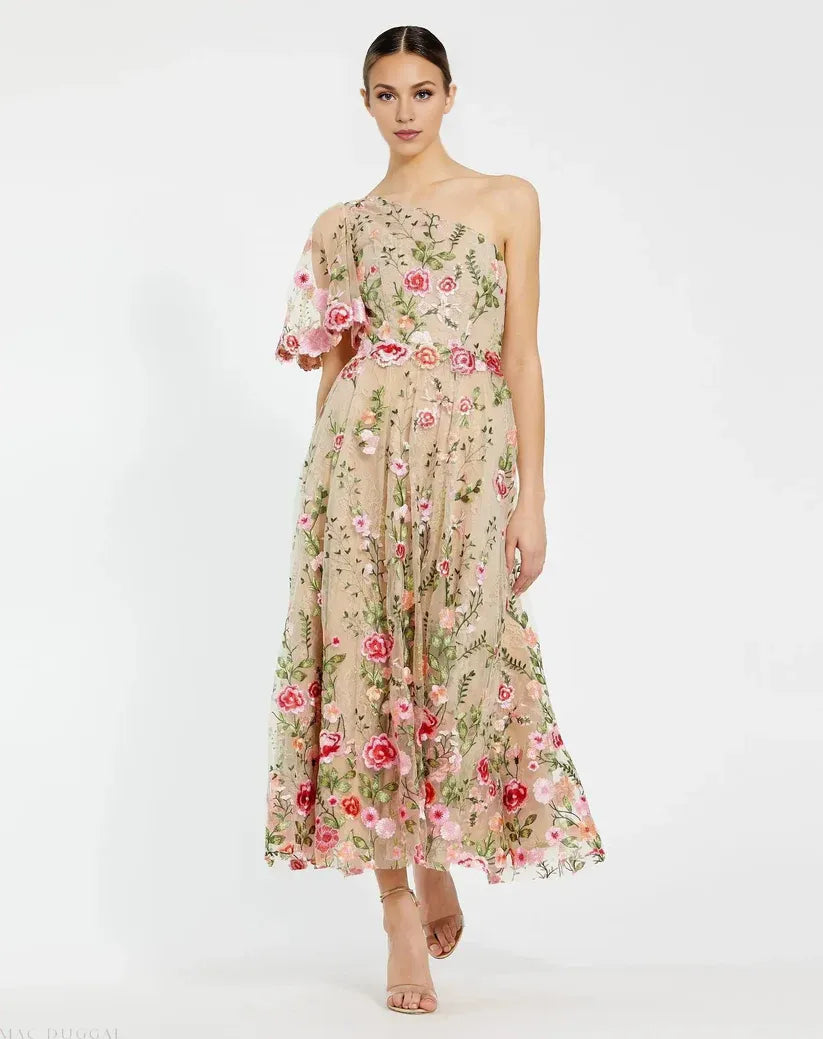 Pink Dress Pink One Shoulder Embroide Dress Maxi Dress Evening Dress A-Line One Short Sleeve Prom Dress