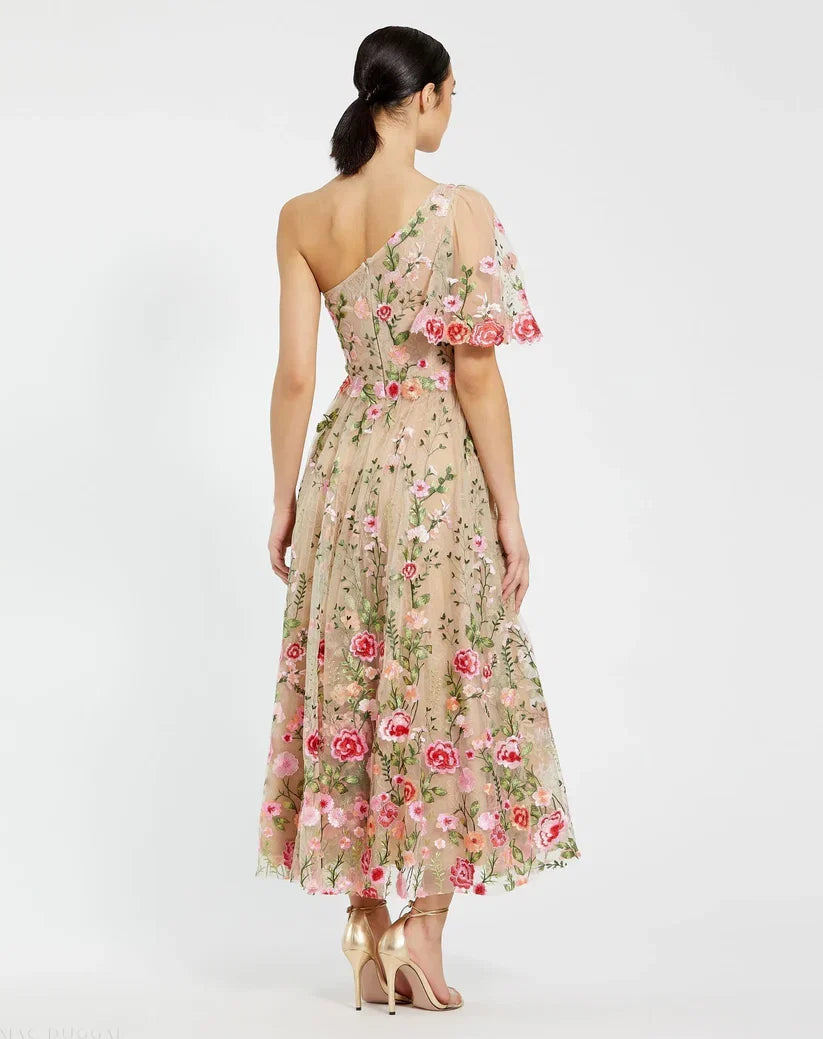 Pink Dress Pink One Shoulder Embroide Dress Maxi Dress Evening Dress A-Line One Short Sleeve Prom Dress