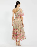 Pink Dress Pink One Shoulder Embroide Dress Maxi Dress Evening Dress A-Line One Short Sleeve Prom Dress