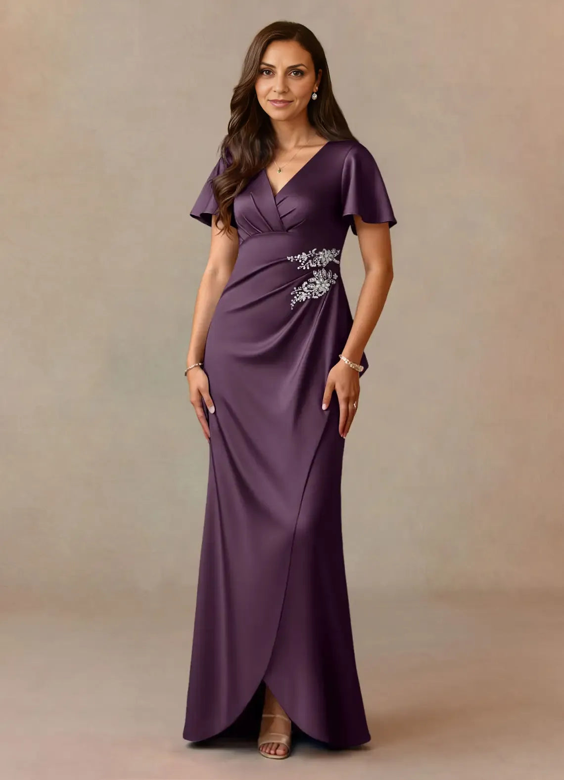 Dress Dusty Rose A-Line Pleated Dress V-Neck Flutter Sleeve Beaded Floor-Length Mother of the Bride Dress