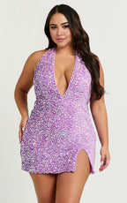 Lilac Dress Plunge Halter Low Back Mini Dress Bodycon Sleeveless Party Homecoming Dress