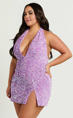 Lilac Dress Plunge Halter Low Back Mini Dress Bodycon Sleeveless Party Homecoming Dress