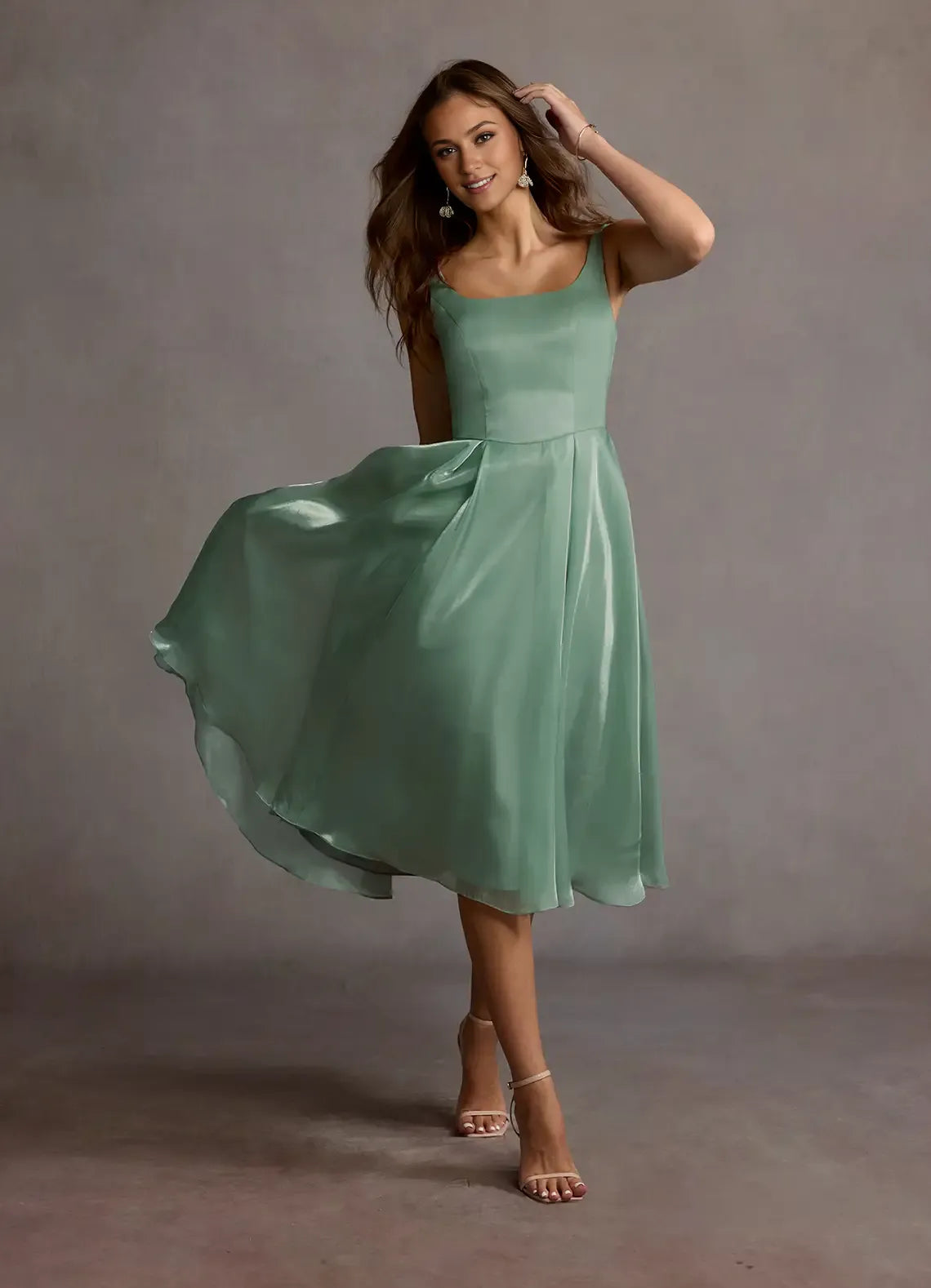 Dress Regular Straps Sage Chic Maxi Dress Sleeveless Princess Tea-Length Square Neck Prom Dress