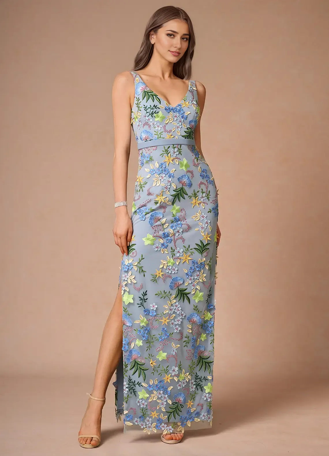 Dress Regular Straps V Neck Elegant Maxi Dress Prom Dress V Back Romantic Flower Mermaid Evening Dress
