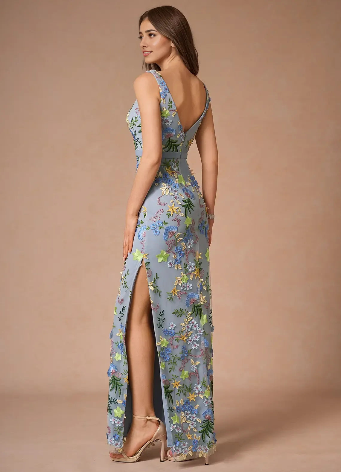 Dress Regular Straps V Neck Elegant Maxi Dress Prom Dress V Back Romantic Flower Mermaid Evening Dress