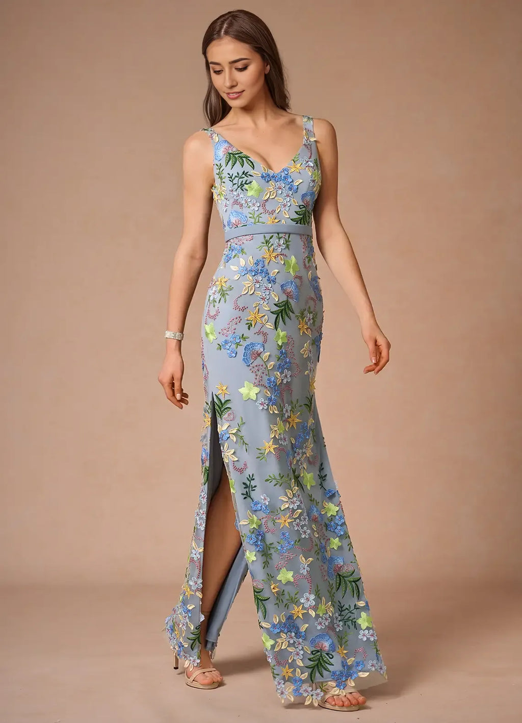 Dress Regular Straps V Neck Elegant Maxi Dress Prom Dress V Back Romantic Flower Mermaid Evening Dress