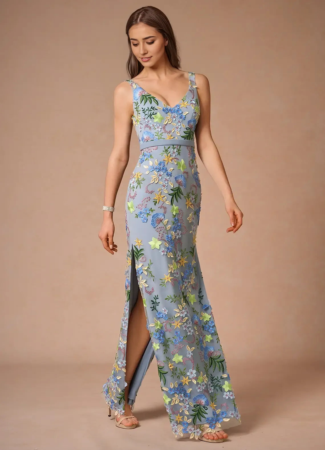 Dress Regular Straps V Neck Elegant Maxi Dress Prom Dress V Back Romantic Flower Mermaid Evening Dress