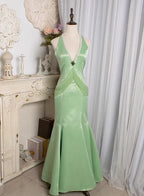 Green Dress Retro Light Water Drop Beaded Deep V Backless Mermaid Prom Dress