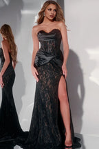 Dress Romantic Appliques Long Ruched Evening Gown Formal Dress Sleeveless Strapless Prom Dress With Hight Slit