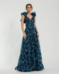 Navy Dress Romantic Tiered Floral Cut-Out Gown Evening Dress A-Line Sleeveless Lace-up Back Prom Dress
