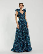 Navy Dress Romantic Tiered Floral Cut-Out Gown Evening Dress A-Line Sleeveless Lace-up Back Prom Dress
