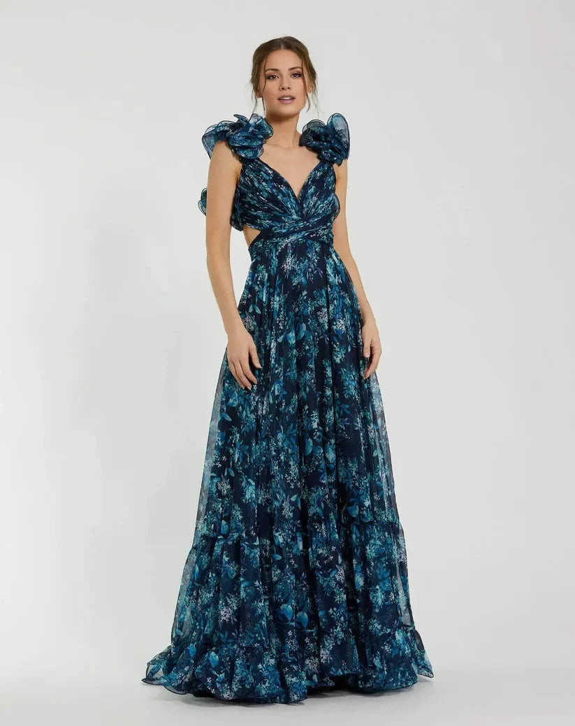 Navy Dress Romantic Tiered Floral Cut-Out Gown Evening Dress A-Line Sleeveless Lace-up Back Prom Dress