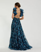 Navy Dress Romantic Tiered Floral Cut-Out Gown Evening Dress A-Line Sleeveless Lace-up Back Prom Dress