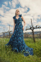 Navy Dress Romantic Tiered Floral Cut-Out Gown Evening Dress A-Line Sleeveless Lace-up Back Prom Dress