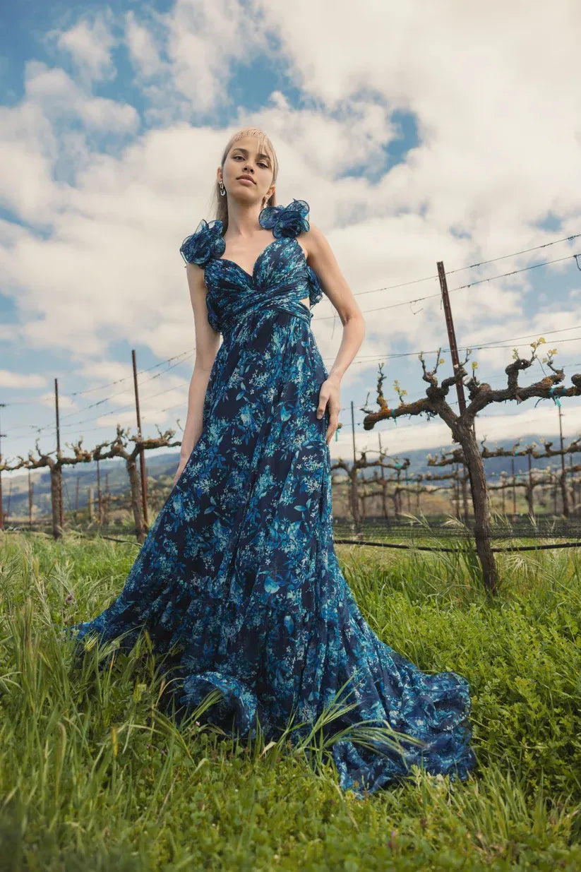 Navy Dress Romantic Tiered Floral Cut-Out Gown Evening Dress A-Line Sleeveless Lace-up Back Prom Dress