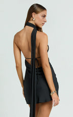 Pink Dress Romantic Scarf Neck Low Tie Back Slip Mini Dress Solid Color Sleeveless Backless Party Homecoming Dress