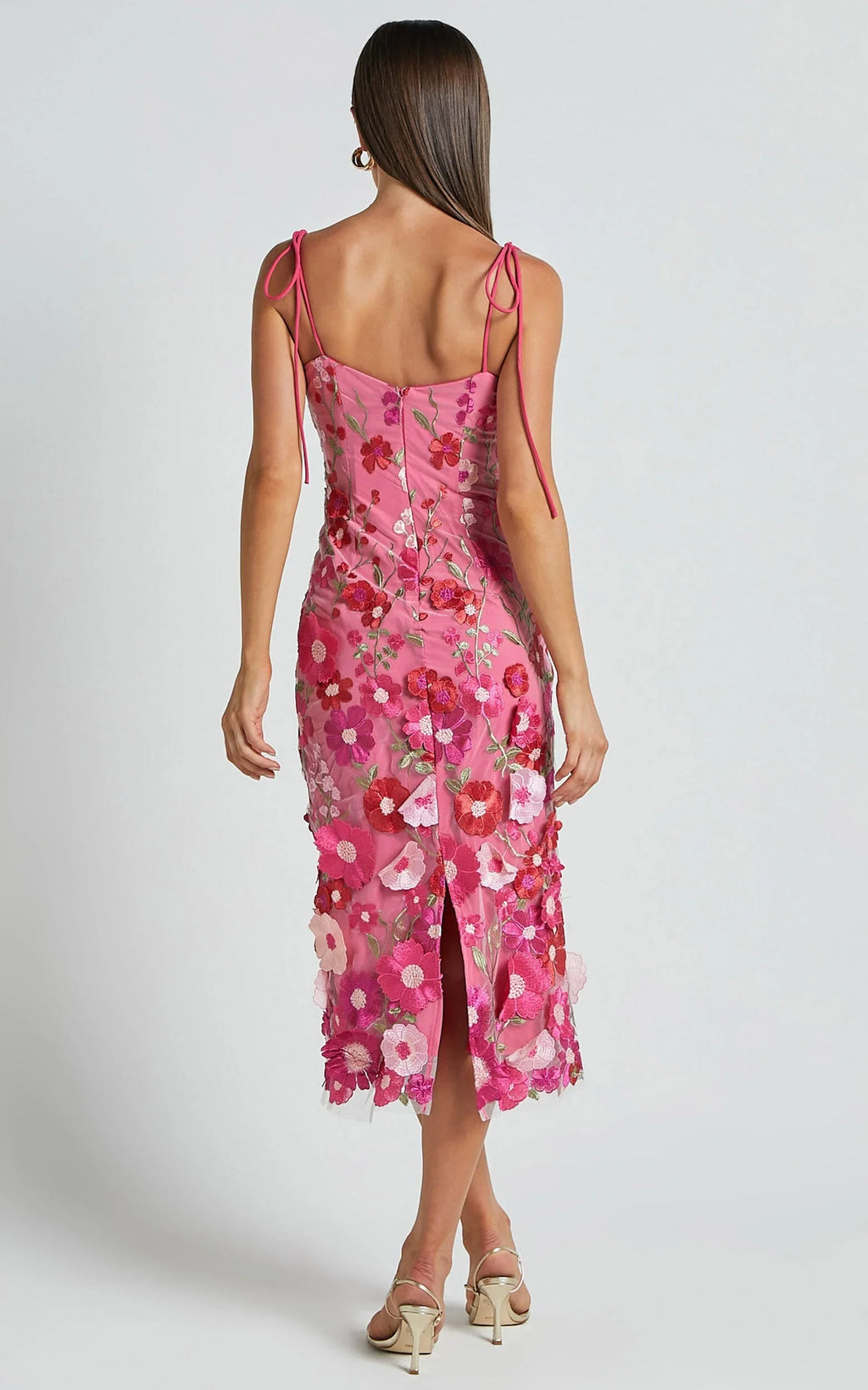 Pink Dress Romantic Straight Neck Tie Strap Midi Dress Column Sleeveless Backless Spaghetti Straps Evening Dress