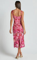 Pink Dress Romantic Straight Neck Tie Strap Midi Dress Column Sleeveless Backless Spaghetti Straps Evening Dress