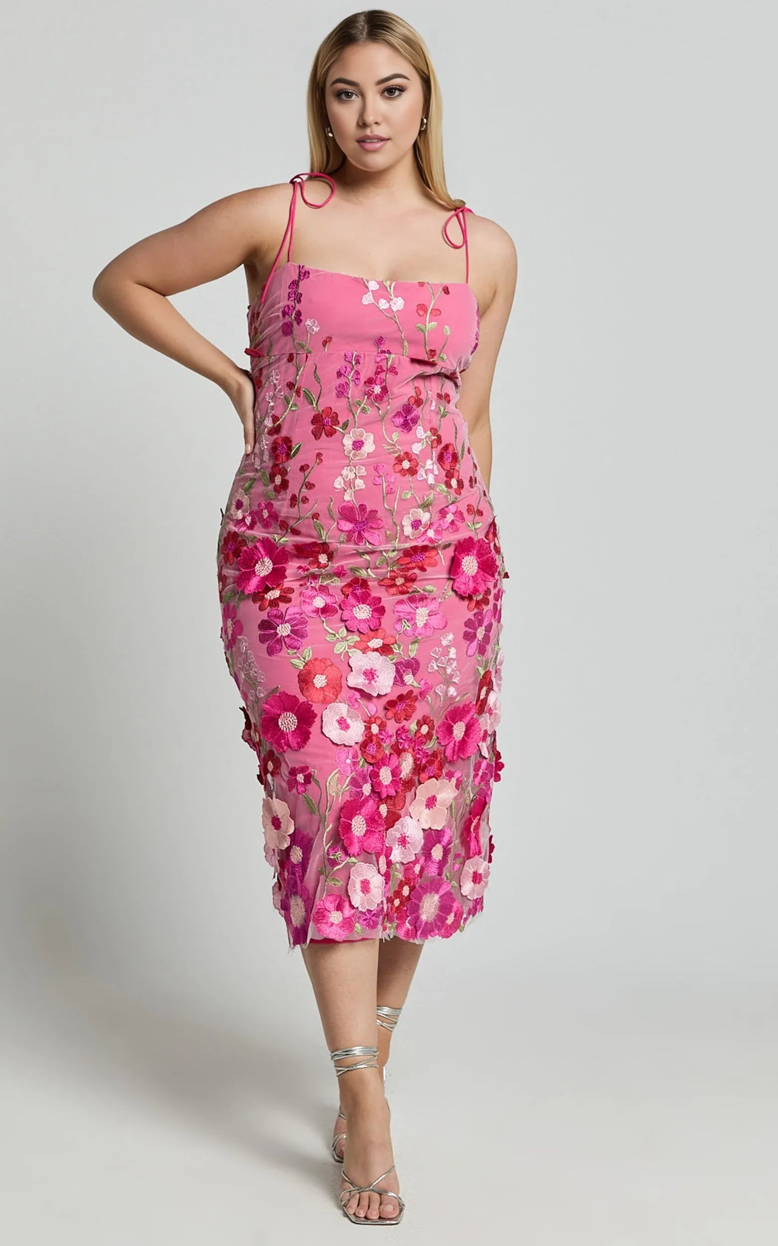 Pink Dress Romantic Straight Neck Tie Strap Midi Dress Column Sleeveless Backless Spaghetti Straps Evening Dress