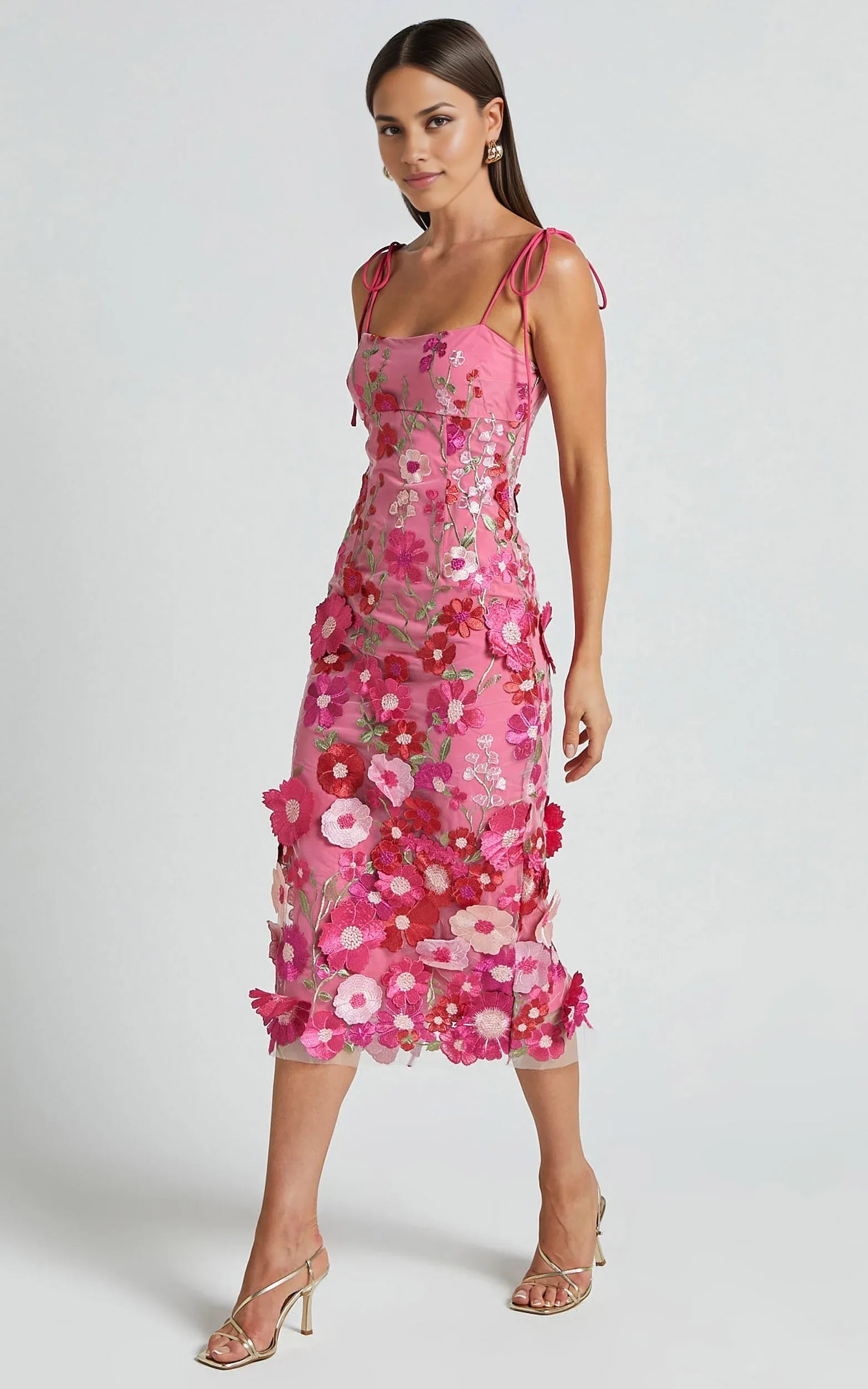 Pink Dress Romantic Straight Neck Tie Strap Midi Dress Column Sleeveless Backless Spaghetti Straps Evening Dress