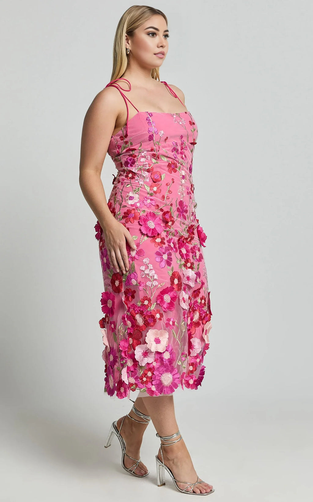 Pink Dress Romantic Straight Neck Tie Strap Midi Dress Column Sleeveless Backless Spaghetti Straps Evening Dress