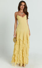 Blue Dress Romantic V Neck Ruffle Tier Slip Dress Solid Color Sleeveless Backless Spaghetti Straps Party Evening Dress