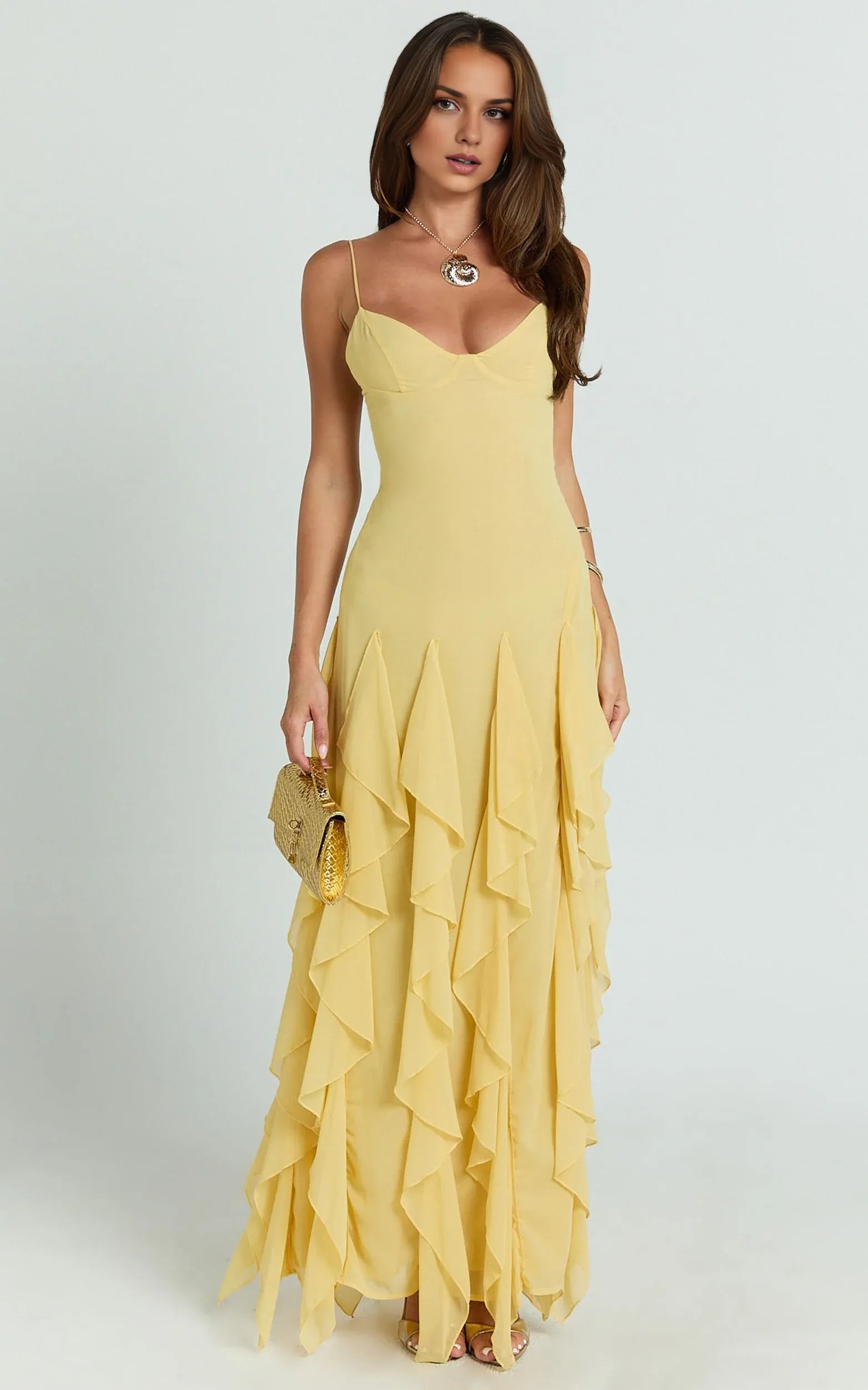 Blue Dress Romantic V Neck Ruffle Tier Slip Dress Solid Color Sleeveless Backless Spaghetti Straps Party Evening Dress