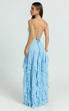 Blue Dress Romantic V Neck Ruffle Tier Slip Dress Solid Color Sleeveless Backless Spaghetti Straps Party Evening Dress
