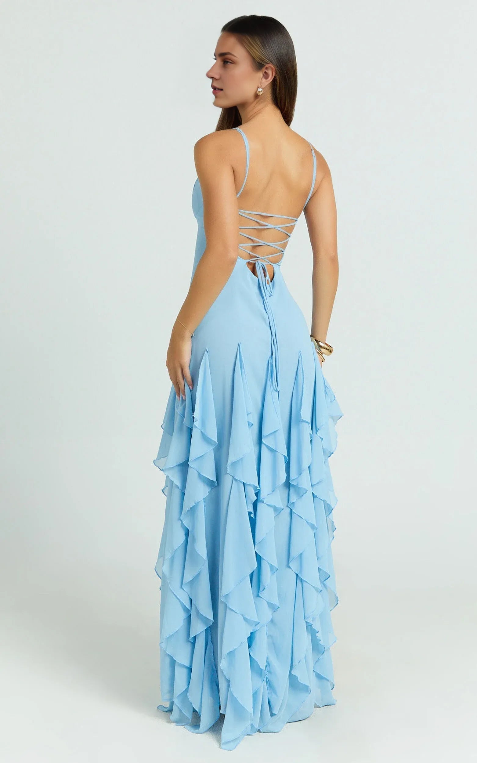 Blue Dress Romantic V Neck Ruffle Tier Slip Dress Solid Color Sleeveless Backless Spaghetti Straps Party Evening Dress