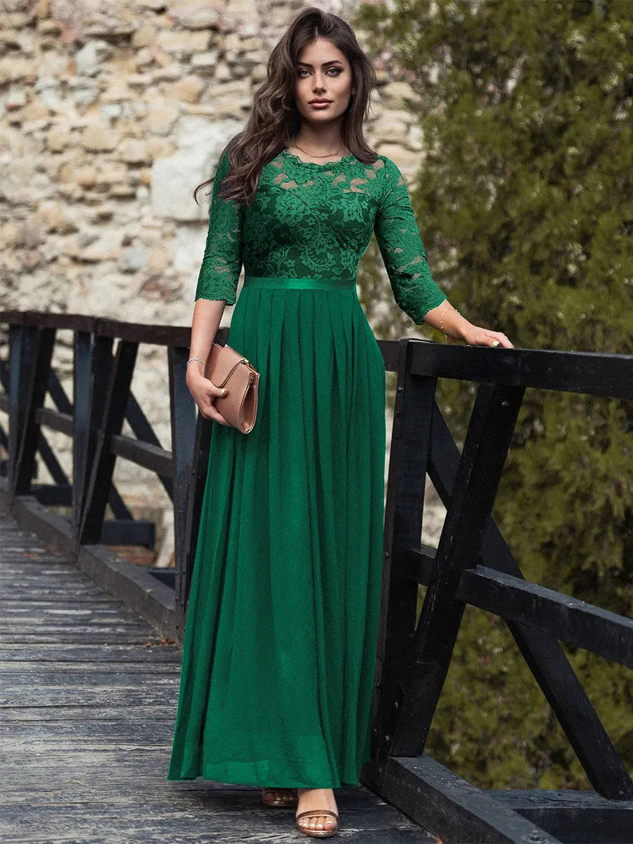 Dress Round Neck Maxi Dresses Bodice Three Quarters Layered Prom Dress Mother of the Bride Dress