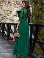 Dress Round Neck Maxi Dresses Bodice Three Quarters Layered Prom Dress Mother of the Bride Dress