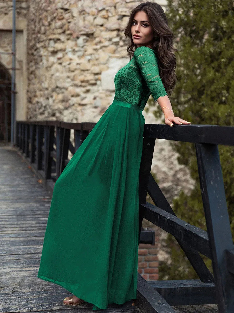 Dress Round Neck Maxi Dresses Bodice Three Quarters Layered Prom Dress Mother of the Bride Dress