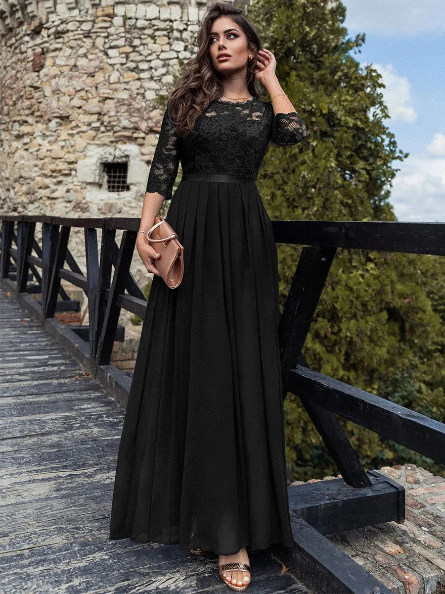 Dress Round Neck Maxi Dresses Bodice Three Quarters Layered Prom Dress Mother of the Bride Dress