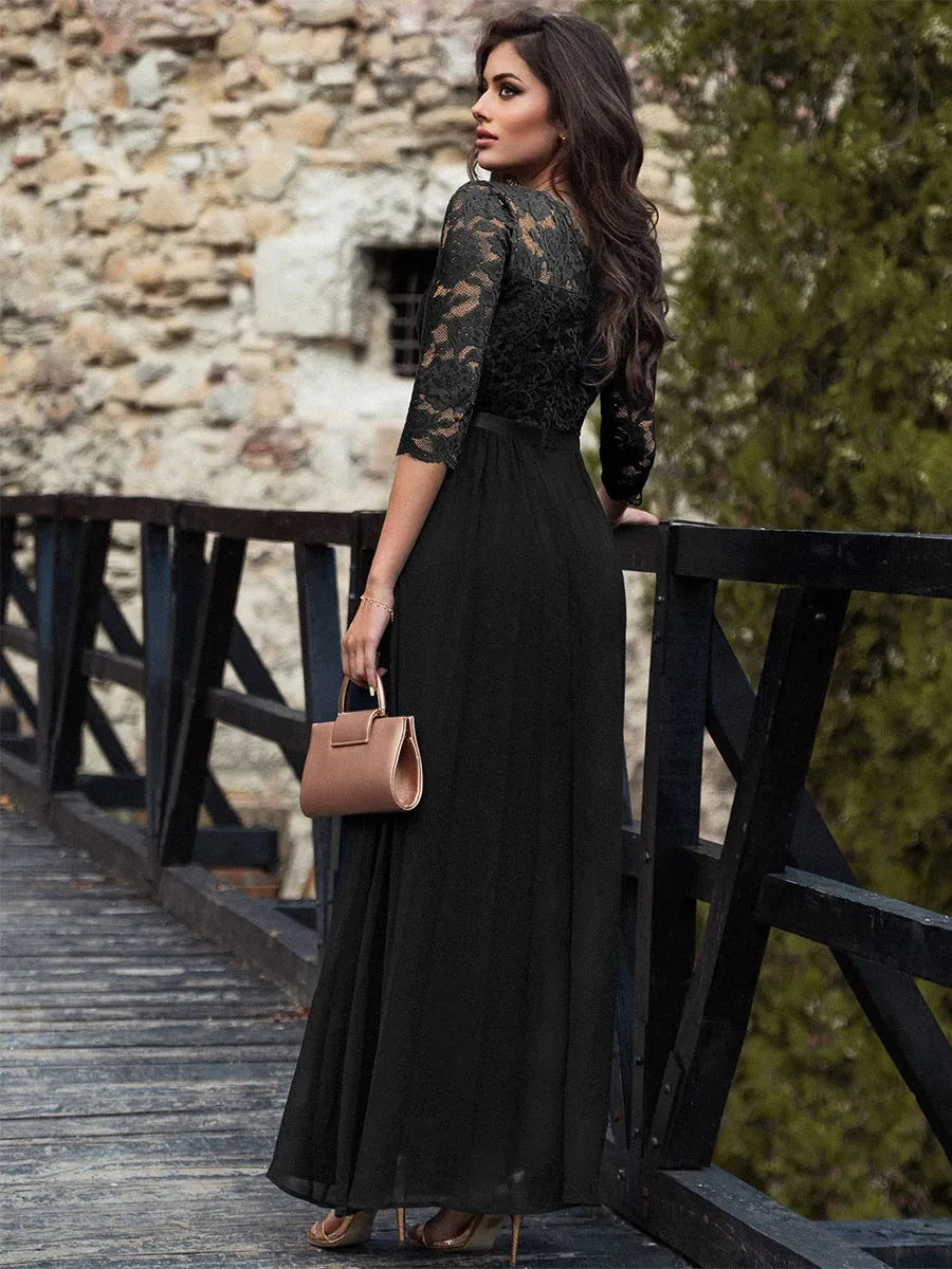 Dress Round Neck Maxi Dresses Bodice Three Quarters Layered Prom Dress Mother of the Bride Dress