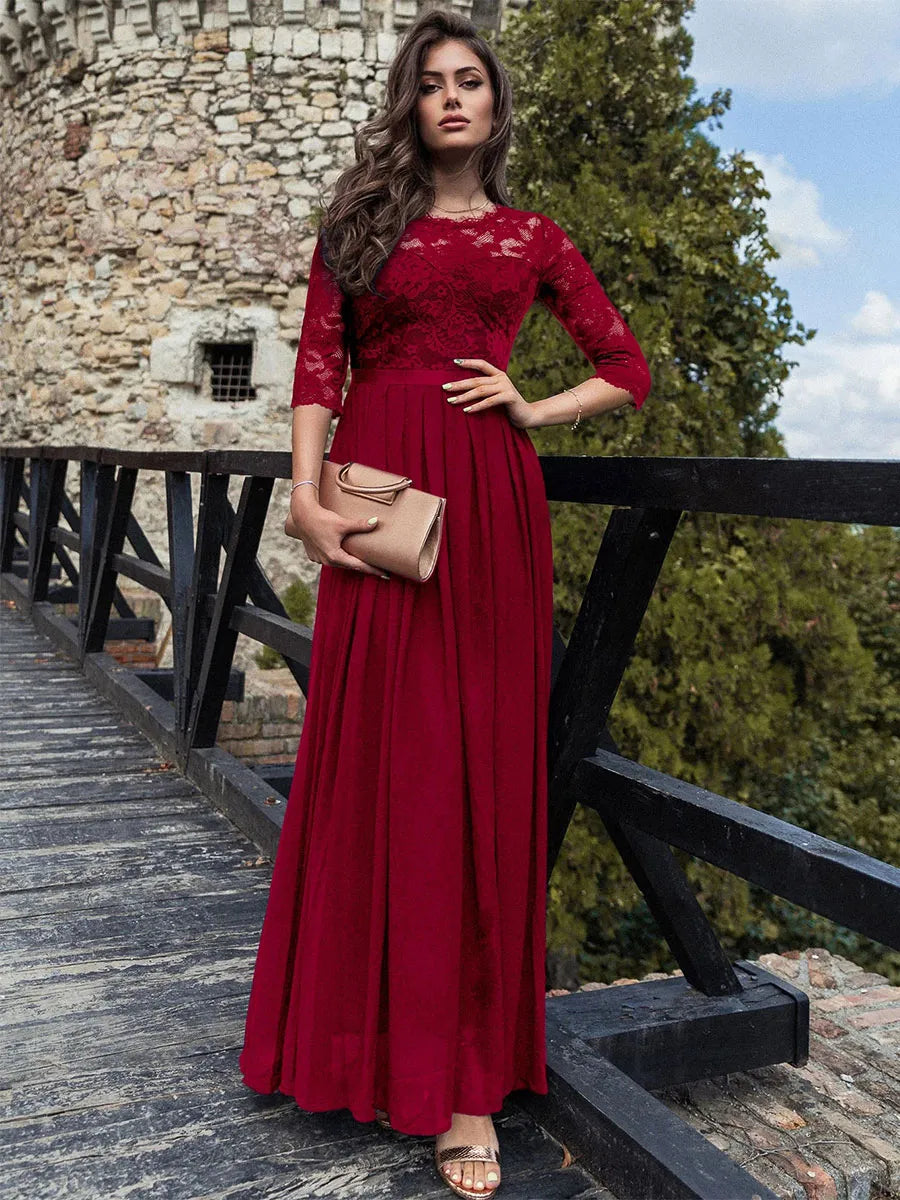 Dress Round Neck Maxi Dresses Bodice Three Quarters Layered Prom Dress Mother of the Bride Dress