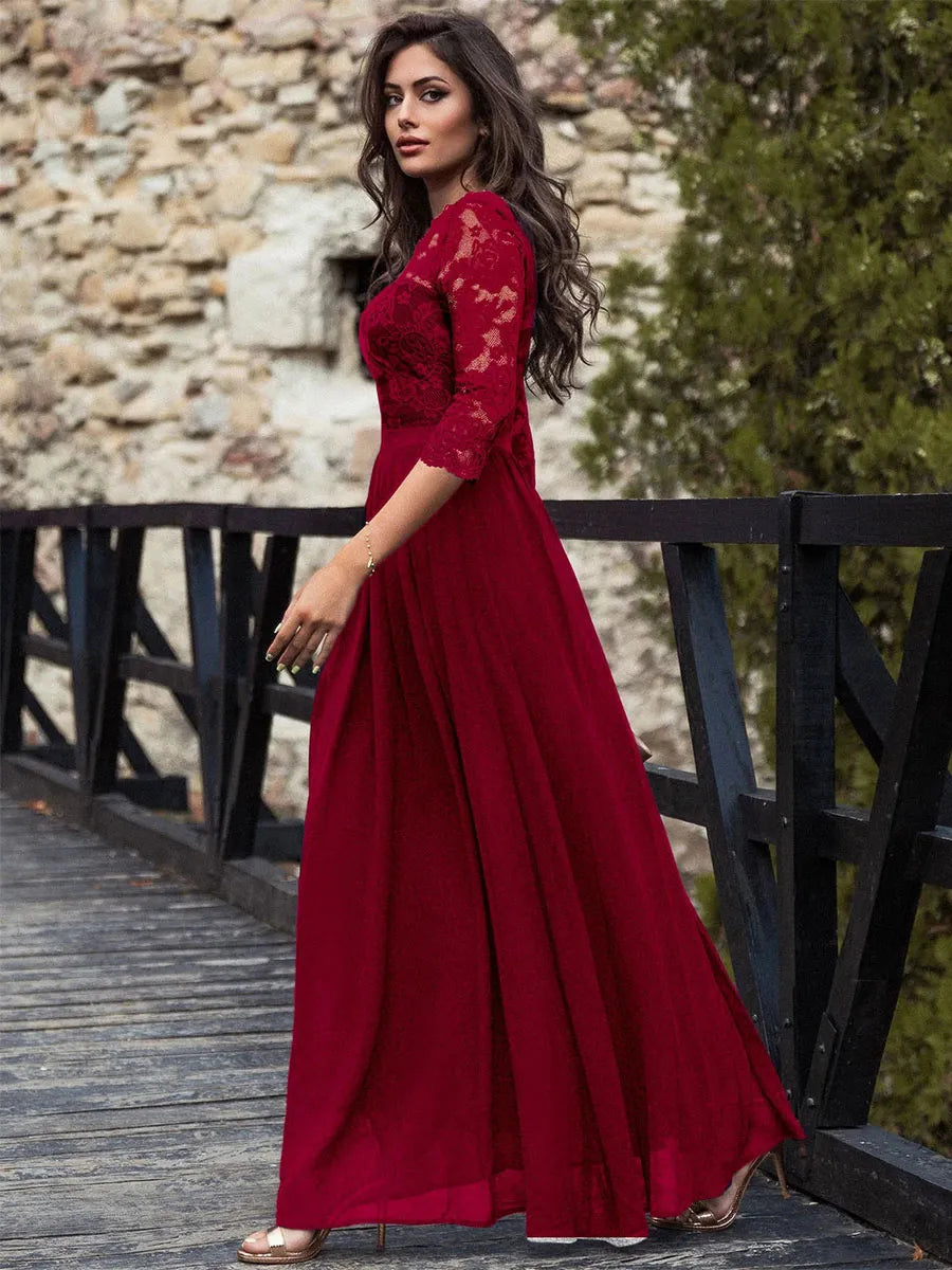 Dress Round Neck Maxi Dresses Bodice Three Quarters Layered Prom Dress Mother of the Bride Dress