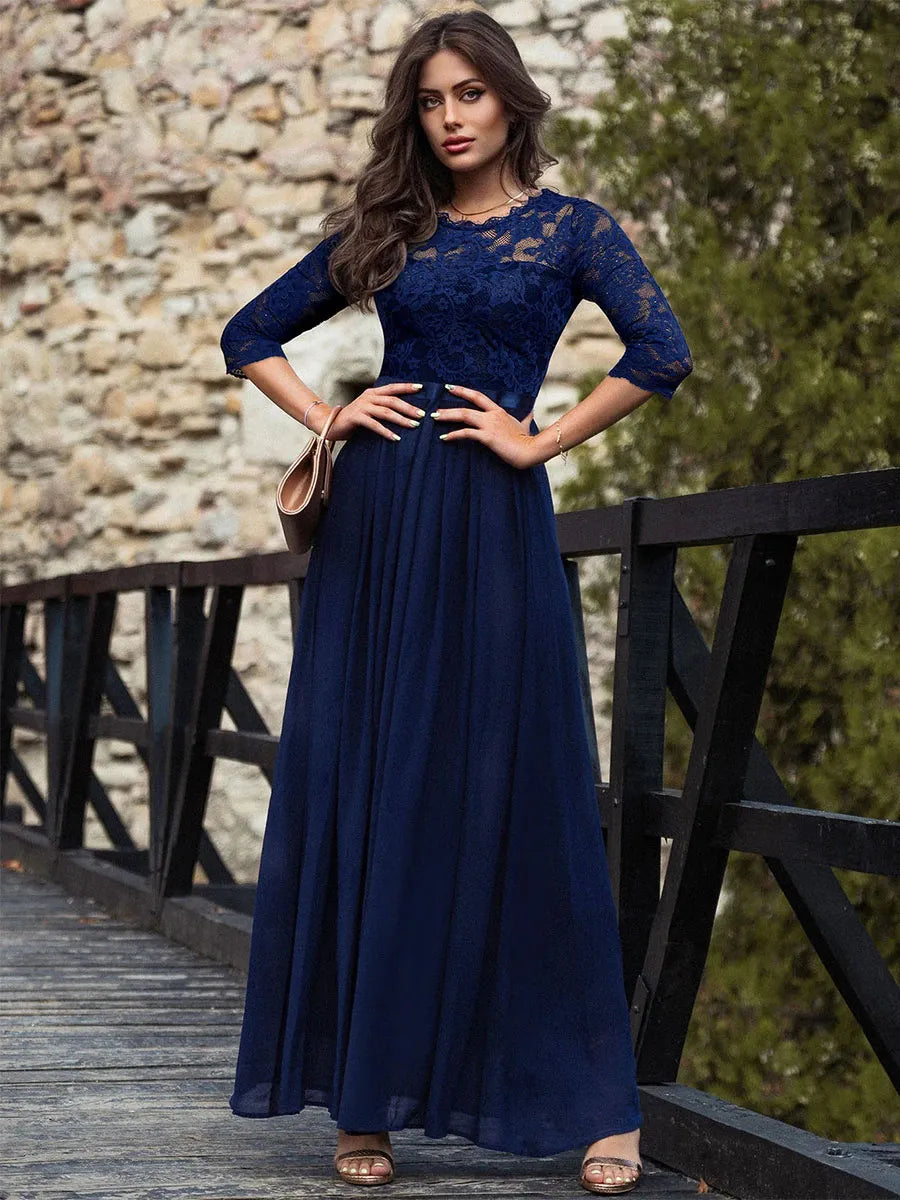 Dress Round Neck Maxi Dresses Bodice Three Quarters Layered Prom Dress Mother of the Bride Dress