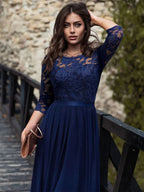 Dress Round Neck Maxi Dresses Bodice Three Quarters Layered Prom Dress Mother of the Bride Dress