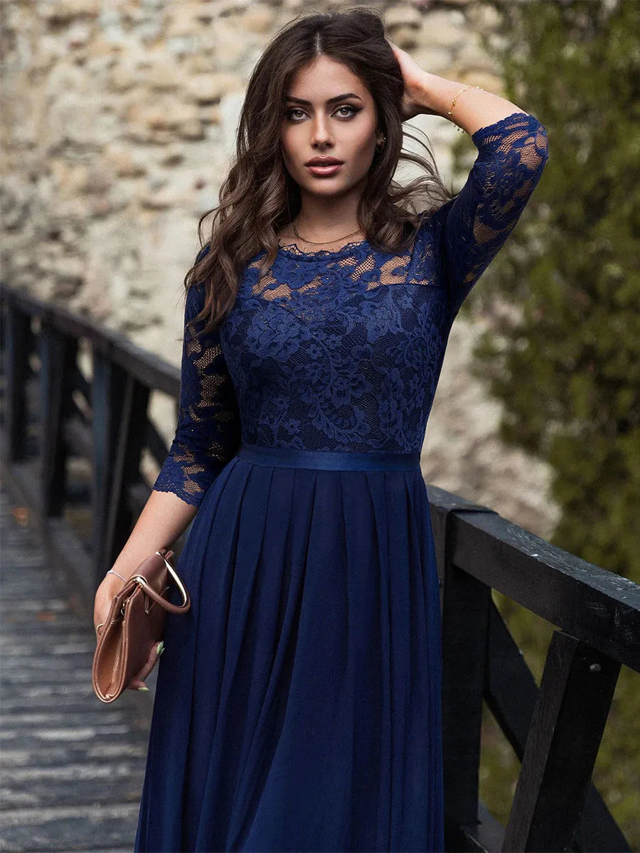 Dress Round Neck Maxi Dresses Bodice Three Quarters Layered Prom Dress Mother of the Bride Dress