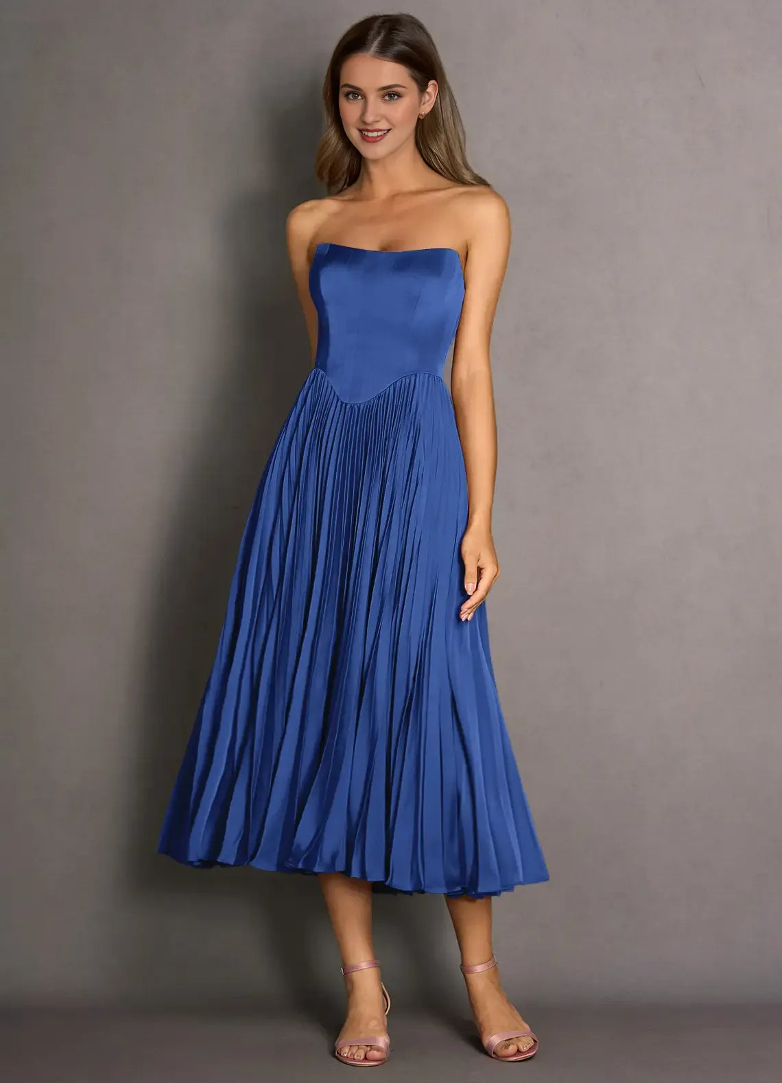Navy Dress Strapless Simple Pleats Maxi Dress Sleeveless Solid Color Up Tea-Length Backless Prom Dress